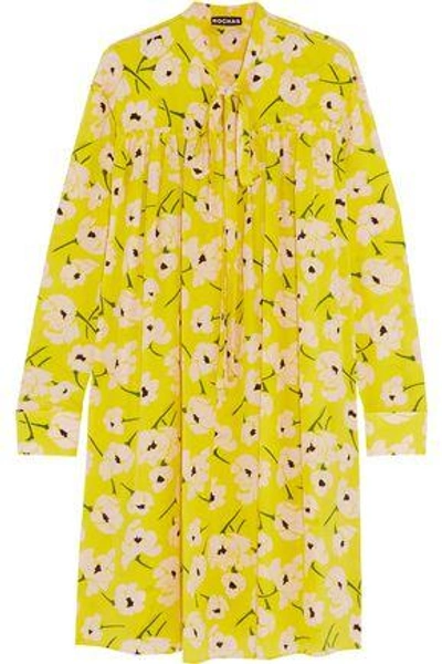 Shop Rochas Woman Pussy-bow Ruffled Floral-print Silk-chiffon Dress Bright Yellow