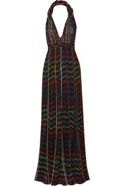 Shop Missoni Woman Pleated Metallic Crochet-knit Halterneck Maxi Dress Multicolor