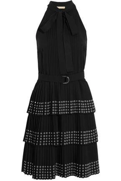 Shop Michael Kors Woman Eyelet-embellished Tiered Crepe Mini Dress Black