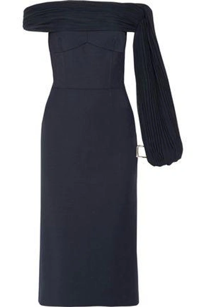 Shop Gabriela Hearst Woman Off-the-shoulder Pleated Wool-blend Crepe Midi Dress Navy