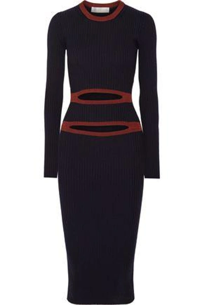 Shop Victoria Beckham Woman Cutout Ribbed-knit Midi Dress Navy
