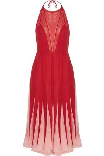 Shop Valentino Woman Chiffon-trimmed Silk Crepe De Chine Halterneck Midi Dress Red