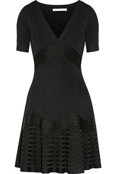 Shop Antonio Berardi Woman Fluted Paneled Stretch-knit Mini Dress Black