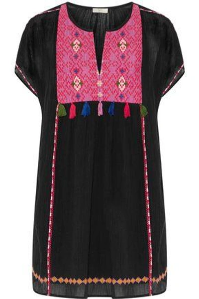 Shop Joie Woman Lucretia Embroidered Tassel-trimmed Cotton-gauze Mini Dress Black