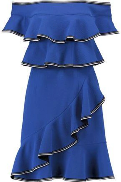 Shop Rebecca Vallance Woman Off-the-shoulder Ruffled Crepe Mini Dress Blue