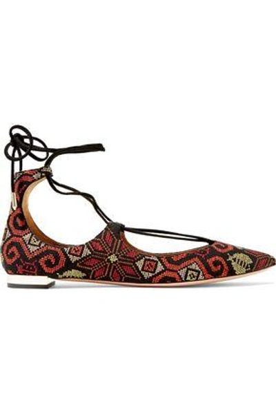 Shop Aquazzura Woman Christy Embroidered Suede Point-toe Flats Black