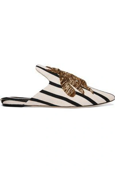 Shop Sanayi313 Woman Embroidered Striped Canvas Slippers Ivory