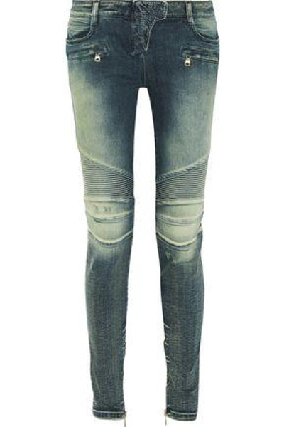 Shop Balmain Woman Moto-style Low-rise Skinny Jeans Dark Denim