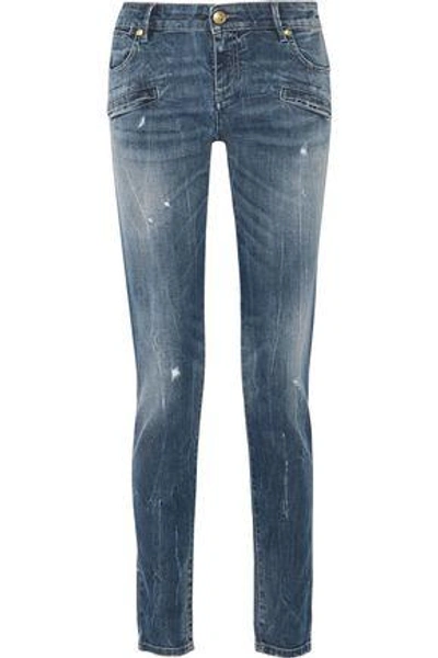 Shop Pierre Balmain Woman Mid-rise Distressed Faded Skinny Jeans Mid Denim