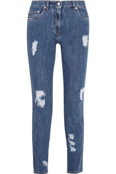Shop Moschino Woman Distressed Mid-rise Slim-leg Jeans Mid Denim
