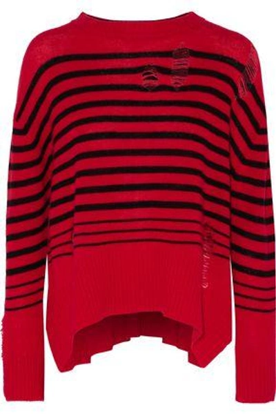 Shop Enza Costa Woman Distressed Striped Wool And Cashmere-blend Sweater Red