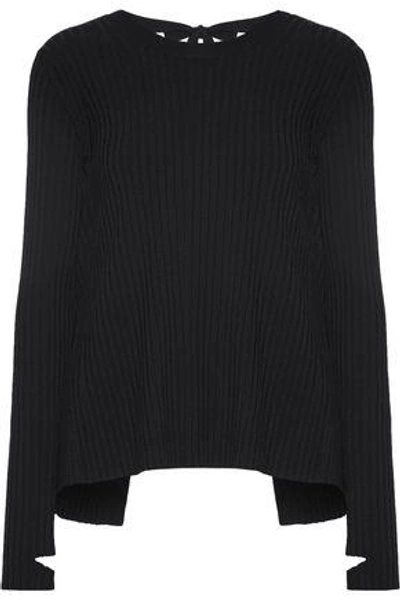 Shop Helmut Lang Woman Open-back Ribbed-knit Sweater Black