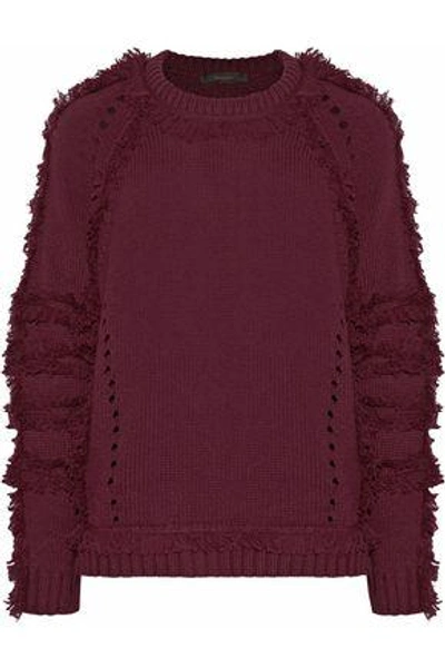 Shop Belstaff Woman Karli Fringed Wool, Silk And Cashmere-blend Sweater Claret