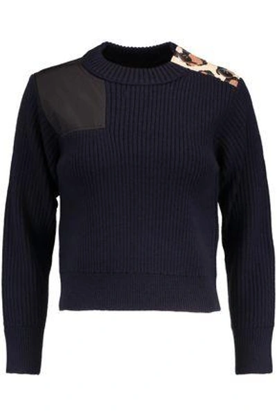 Shop Marc By Marc Jacobs Woman Shell-paneled Ribbed Wool Sweater Midnight Blue