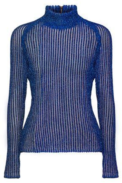 Shop Carven Woman Metallic Ribbed-knit Lamé Turtleneck Sweater Cobalt Blue