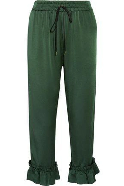 Shop Mother Of Pearl Woman Finley Cropped Ruffle-trimmed Satin-crepe Tapered Pants Forest Green