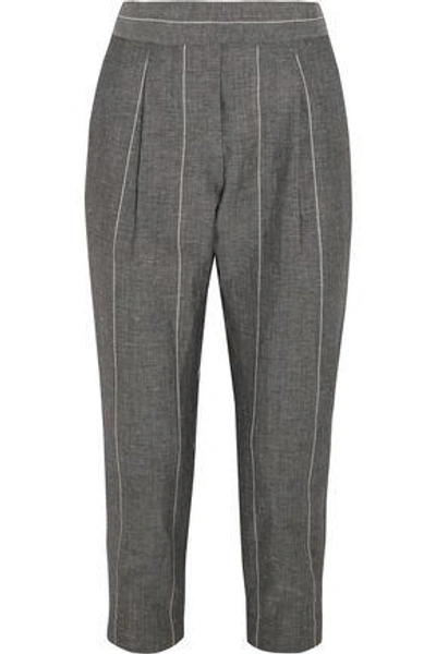 Shop Brunello Cucinelli Woman Pinstriped Wool And Linen-blend Tapered Pants Gray