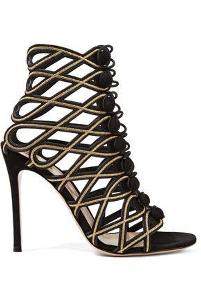 Shop Gianvito Rossi Cutout Embroidered Suede Sandals In Black