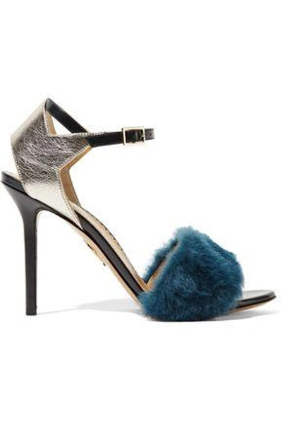 Shop Charlotte Olympia Woman Capella Shearling And Metallic Textured-leather Sandals Petrol