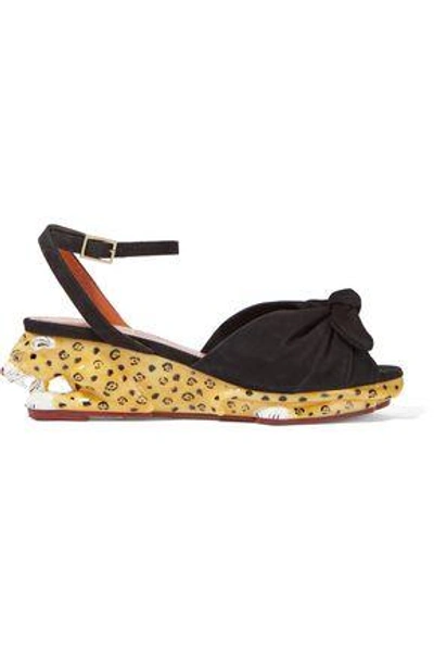 Shop Charlotte Olympia Panthera Suede And Enamel Wedge Sandals In Black