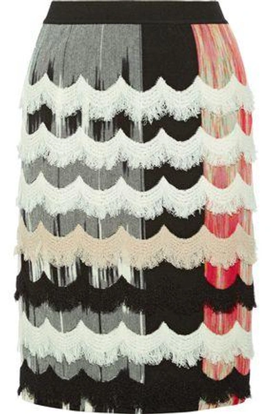 Shop Missoni Woman Frayed Crochet-trimmed Stretch Wool-blend Skirt Black In Multicolor