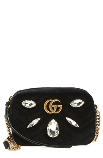Shop Gucci Gg Marmont Crystal Matelasse Quilted Velvet Crossbody Bag - Pink In Malva/ Crystal