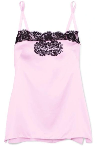 Shop Dolce & Gabbana Embroidered Lace-trimmed Stretch Silk-blend Satin Camisole In Lilac