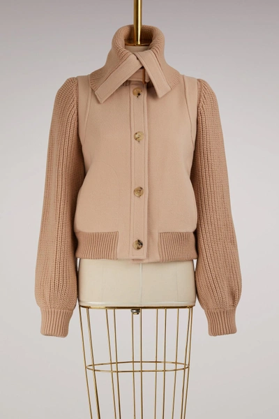 Shop Chloé Knitted Sleeve Wool Bomber In Rose