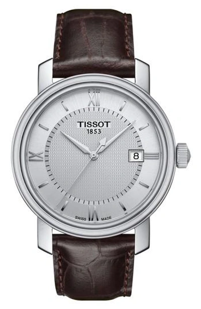 Shop Tissot Bridgeport Leather Strap Watch, 40mm In Brown/ Silver