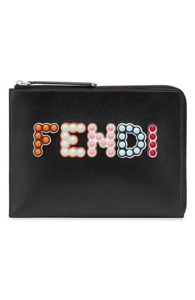 Shop Fendi Logo Studded Rfid Leather Zip Pouch - Black In Nero/ Palladio