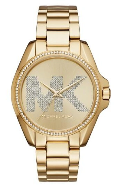Shop Michael Kors Bradshaw Pave Logo Bracelet Watch, 43mm In Gold