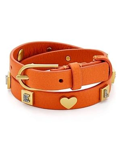 Shop Tory Burch Love Double Wrap Leather Bracelet In Orange/gold