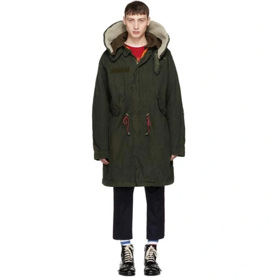 Shop Gucci Green Cotton & Shearling Long Parka