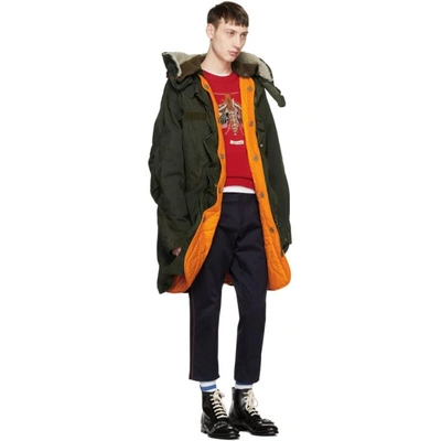 Shop Gucci Green Cotton & Shearling Long Parka