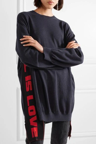 Shop Stella Mccartney Oversized Stretch Knit-trimmed Wool Sweater In Midnight Blue