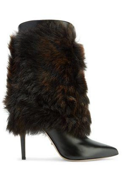 Shop Sergio Rossi Woman Layered Shearling And Leather Boots Dark Brown