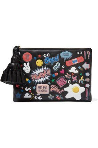 Shop Anya Hindmarch Woman Georgina All Over Stickers Leather Clutch Black