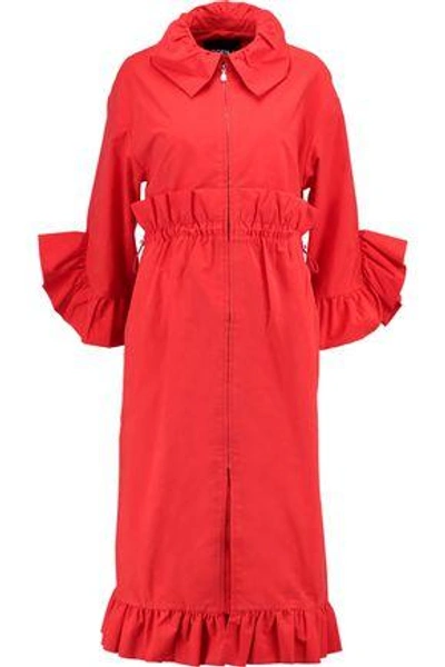 Shop Goen J Woman Ruffle-trimmed Cotton-blend Coat Red