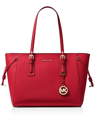 Shop Michael Michael Kors Voyager Multi-function Top Zip Medium Leather Tote In Bright Red/gold