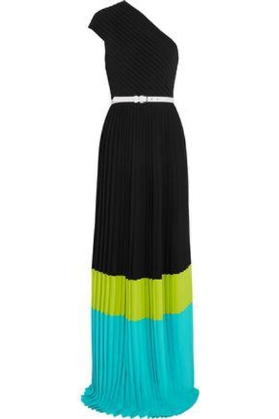 Shop Michael Kors Woman One-shoulder Pleated Color-block Crepe Gown Black