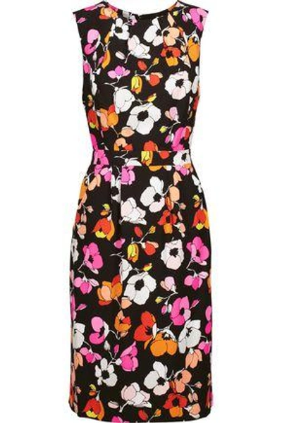 Shop Oscar De La Renta Woman Pleated Floral-print Silk Dress Black