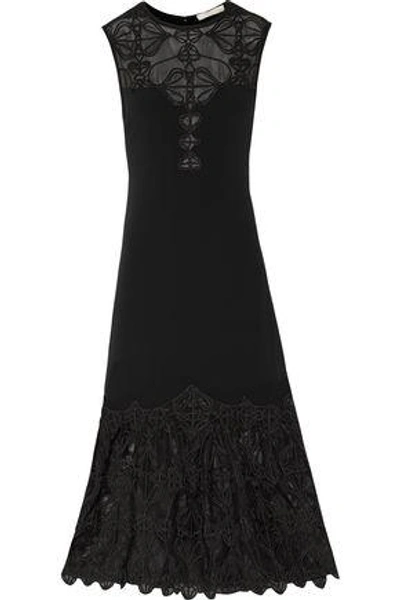 Shop Jonathan Simkhai Woman Appliquéd Mesh-paneled Crepe Midi Dress Black