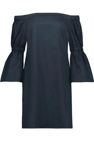 Tibi Woman Off-the-shoulder Shirred Cotton-poplin Mini Dress Midnight Blue In Midnight Blue