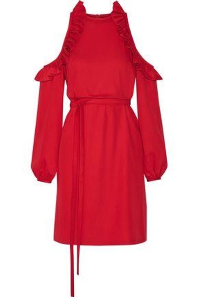 Shop Paskal Woman Cutout Ruffle-trimmed Brushed-twill Dress Red