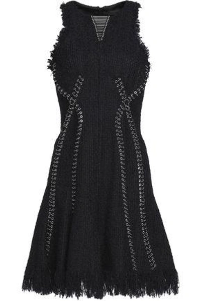 Shop Alexander Wang Woman Embellished Fringed Tweed Mini Dress Black