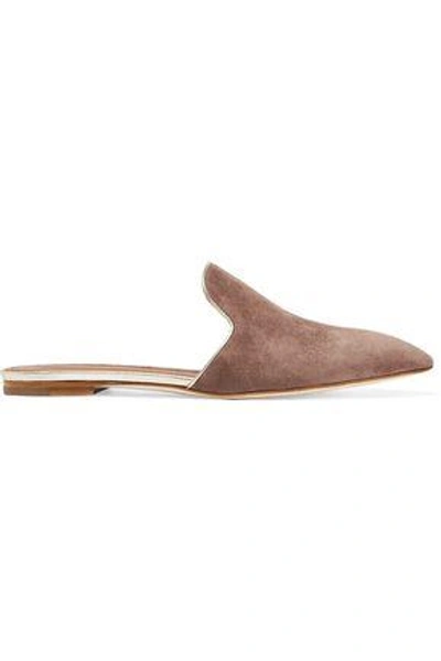 Shop Malone Souliers Woman Metallic Leather-trimmed Suede Slippers Mushroom