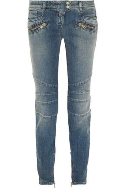 Shop Balmain Woman Moto-style Low-rise Skinny Jeans Mid Denim