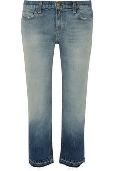 Shop Current Elliott The Cropped Distressed Mid-rise Straight-leg Jeans In Light Denim