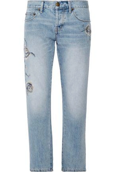 Shop Current Elliott Current/elliott Woman The Crossover Embroidered Mid-rise Straight-leg Jeans Light Denim
