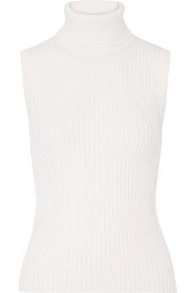Shop Michael Kors Woman Ribbed-knit Cashmere-blend Turtleneck Top Ecru